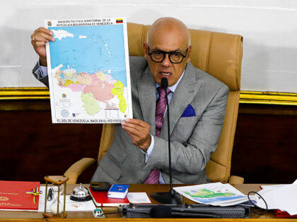 Venezuela's National Assembly President Jorge Rodriguez shows the new map of Venezuel