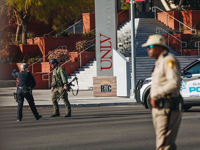 Police are seen at the scene of a shooting on the UNLV campus on Wednesday, Dec. 6, 2023,