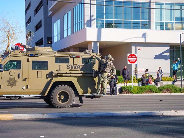 A SWAT vehicle arrives at the UNLV campus after a shooting on December 06, 2023 in Las Veg