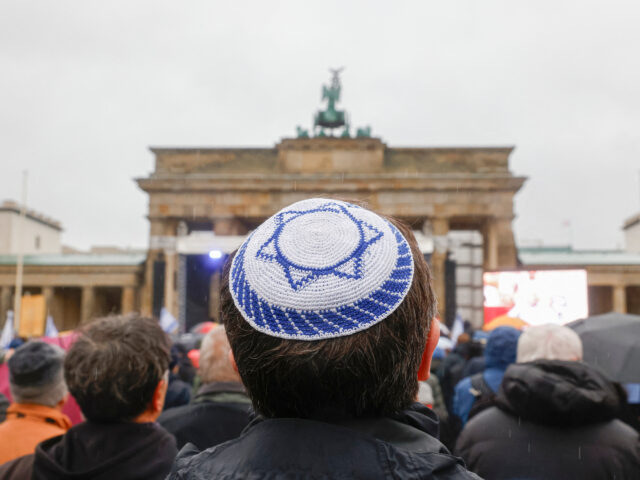 A young man wears a kippah during a demonstration against anti-Semitism on December 10, 20