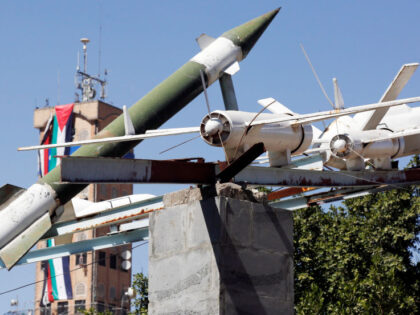 SANA'A, YEMEN - DECEMBER 07: Mock drones and missiles are displayed at a square on De