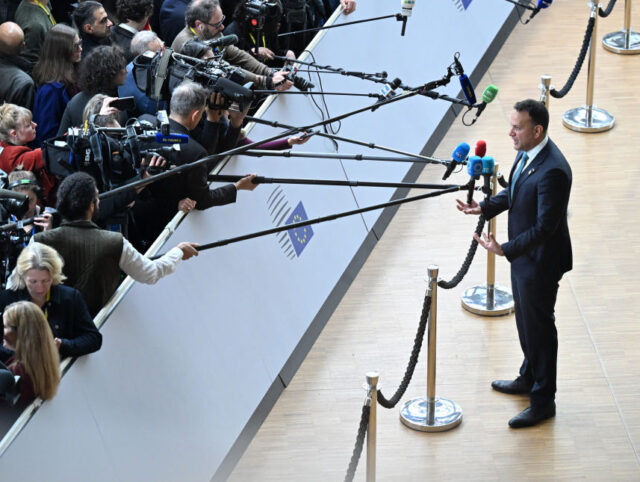 Ireland's Prime Minister Leo Varadkar talks to the media as he arrives at the Europea