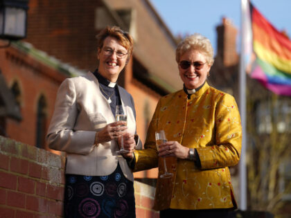 Catherine Bond (right) and Jane Pearce following being blessed at St John the Baptist chur