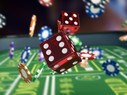 close up view of a craps table with dices and fiches (3d render)
