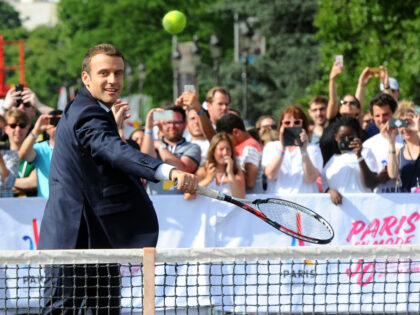 PARIS, FRANCE - JUNE 24: French President Emmanuel Macron plays tennis on Alexandre III