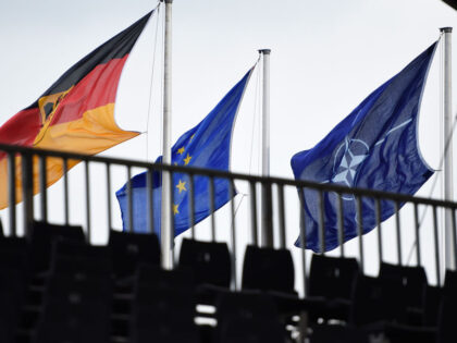 MUNSTER, GERMANY - OCTOBER 10: The Flags of Germany, the European Union and the NATO (Nort