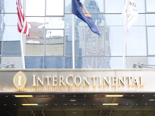 The main entrance of New Yorks InterContinental Times Square Hotel is seen on January 11