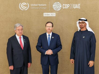 DUBAI, UNITED ARAB EMIRATES - DECEMBER 1: In this handout image supplied by COP28, (L-R) António Guterres, United Nations Secretary-General, Isaac Herzog, President of the State of Israel and His Highness Mohamed bin Zayed Al Nahyan, President of the United Arab Emirates and Ruler of Abu Dhabi during the UN …