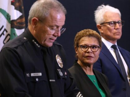 LAPD Chief Michael Moore, from left, with Los Angeles Mayor Karen Bass and Los Angeles Dis
