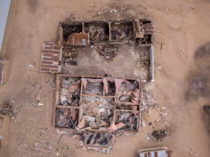 An aerial view shows destroyed and burned houses after a recent Fulani attack in the Adara