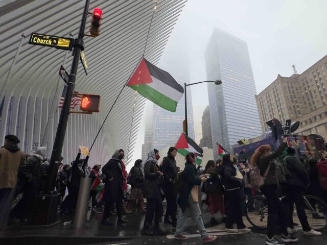 NEW YORK, UNITED STATES - DECEMBER 28: Pro-Palestinian protesters gather a funeral procession for children who were killed in Gaza and swarm Zuccotti Park of the Occupy Wall Street movement fame, World Trade Center and Wall Street in New York City, United States on December 28, 2023. (Photo by Selcuk …