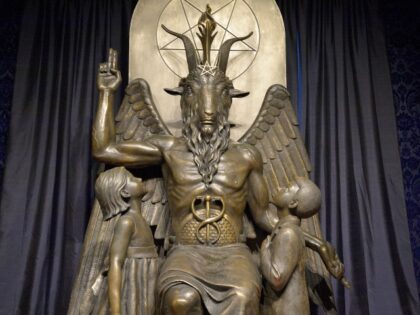The Baphomet statue is seen in the conversion room at the Satanic Temple where a "Hel