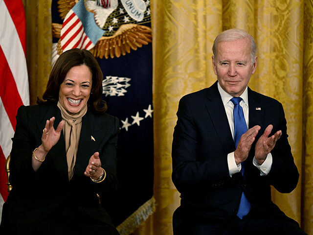 US Vice President Kamala Harris and US President Joe Biden applaud during an event marking the 30th Anniversary of the Family and Medical Leave Act, in the East Room of the White House in Washington, DC, on February 2, 2023. (Photo by Andrew CABALLERO-REYNOLDS / AFP) (Photo by ANDREW CABALLERO-REYNOLDS/AFP …
