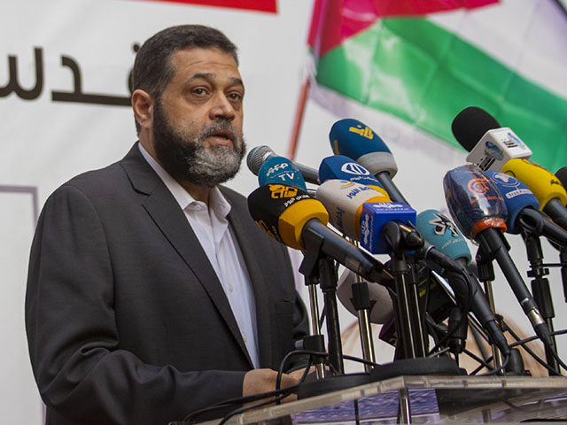 Senior Hamas official Osama Hamdan speaks during a rally organized by Lebanon's milit