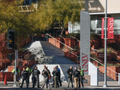 Police are seen at the scene of a shooting on the UNLV campus on Wednesday, Dec. 6, 2023,