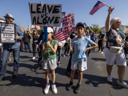 Children among anti-LGBTQ+ demonstrators hold signs outside a Glendale Unified School Dist
