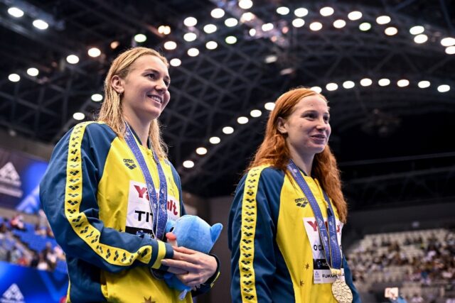 Australia's Ariarne Titmus (L) and Mollie O'Callaghan (R) will miss the world swimming cha