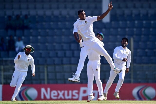 Bangladesh’s Shoriful Islam celebrates after the dismissal of New Zealand’s Tom Latham
