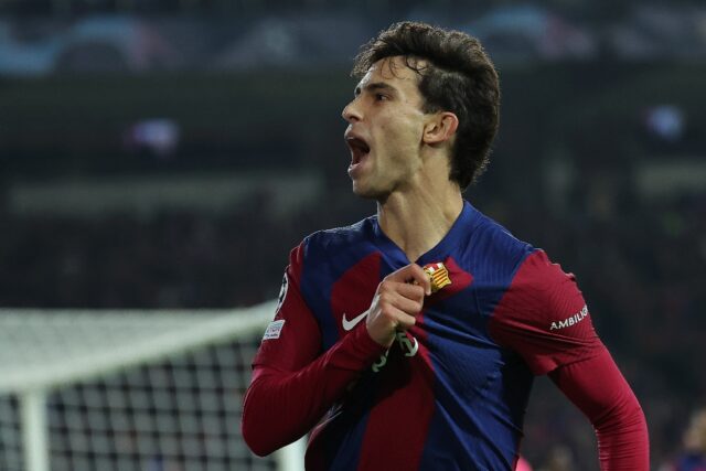 Barcelona's Portuguese forward Joao Felix celebrates netting the winner against Porto ahea