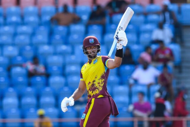 Brandon King celebrates his half century en route to an unbeaten 82 for West Indies in the