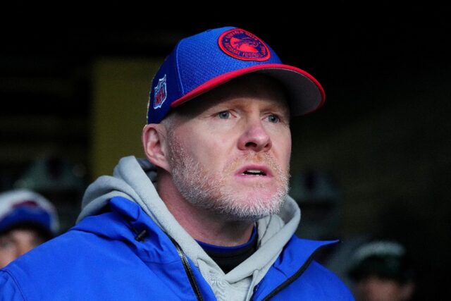 Buffalo Bills coach Sean McDermott takes the field before an NFL game against the Philadel