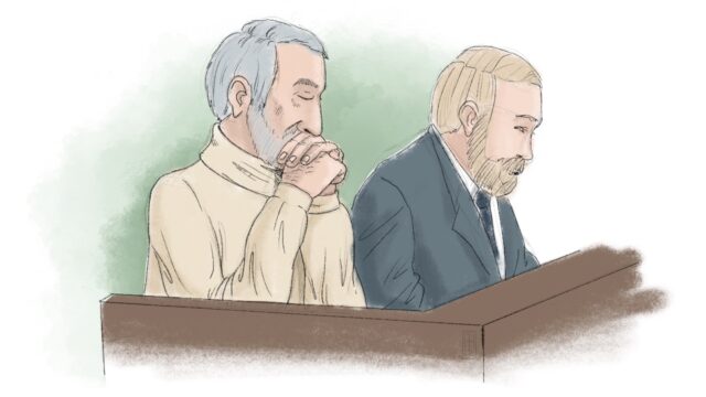 A courtroom sketch from shows Hamid Noury (l) and attorney Thomas Soderqvist during Noury'