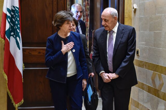 France's Foreign Minister Catherine Colonna (L) meets with Lebanon's parliament speaker Na