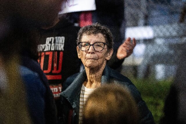 Freed Israeli hostage Yocheved Lifshitz, 85, takes part in a protest outside the defence m