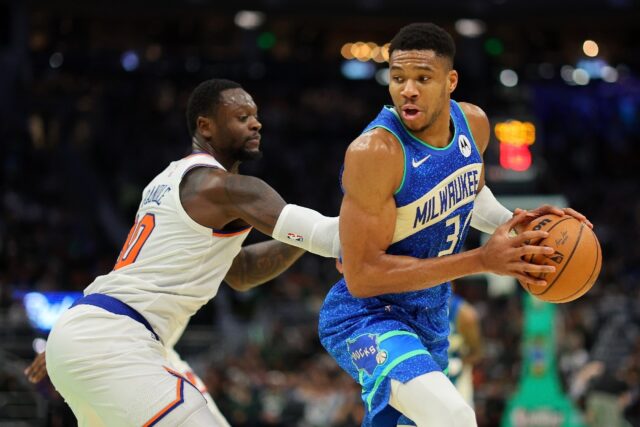 Giannis Antetokounmpo's 35-point double-double helped Milwaukee swat aside the New York Kn