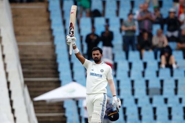 India's KL Rahul celebrates after scoring a century on the second day of the first cricket