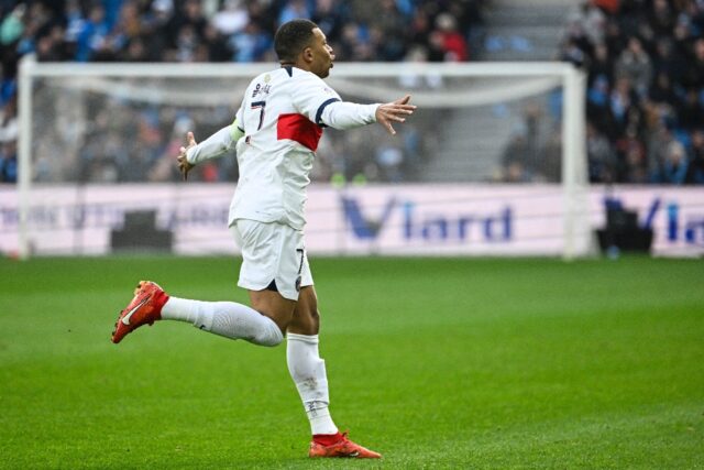 Kylian Mbappe celebrates after scoring against Le Havre