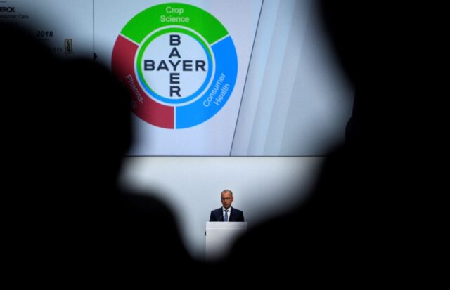 The logo of German chemicals giant Bayer, which owns Monsanto, seen at its general meeting
