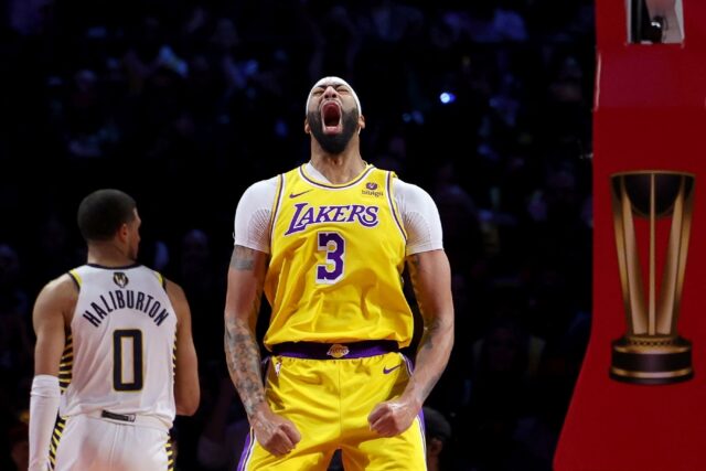 Los Angeles Lakers star Anthony Davis celebrates a basket in the team's victory over the I