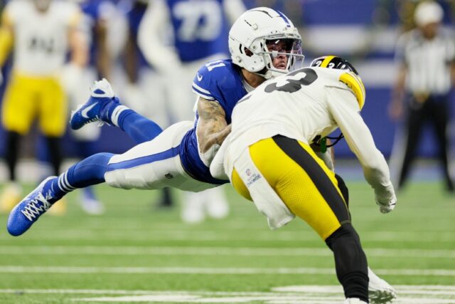 Michael Pittman Jr. #11 of the Indianapolis Colts and Damontae Kazee #23 of the Pittsburgh