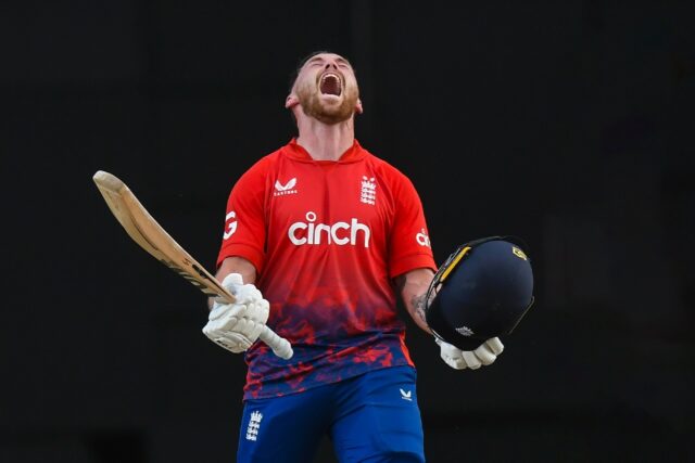 Phil Salt of England celebrates his century during the 4th T20I between the West Indies an