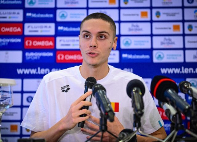 Romanian swimmer David Popovici speaks to the media ahead of the European short course swi