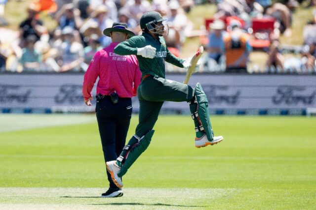 Soumya Sarkar celebrates his century for Bangladesh on Wednesday in Nelson during the seco