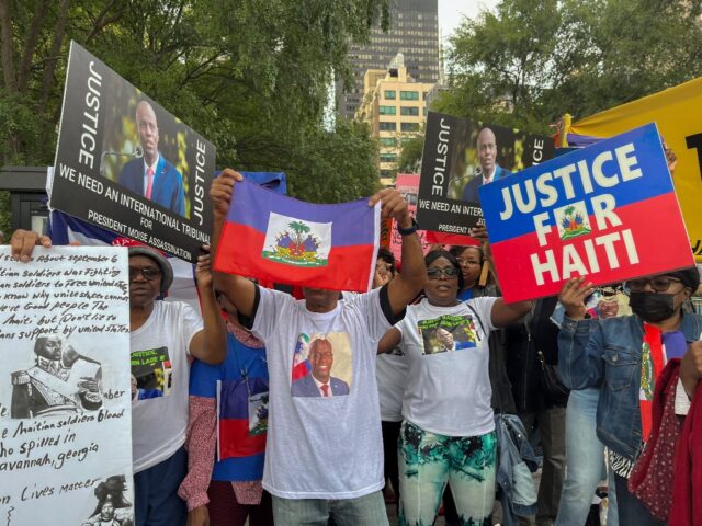 Supporters of assassinated Haitian president Jovenel Moïse hold a rally outside United Na