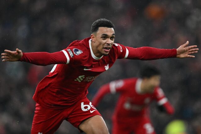 Trent Alexander-Arnold celebrates after scoring Liverpool's fourth goal against Fulham at