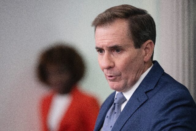 US National Security Council Coordinator for Strategic Communications John Kirby speaks du