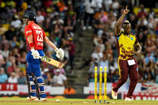 West Indies bowler Andre Russell celebrates the dismissal of Liam Livingstone in the first