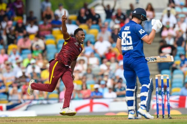 West Indies bowler Matthew Forde celebrates the dismissal of Will Jacks during the third a