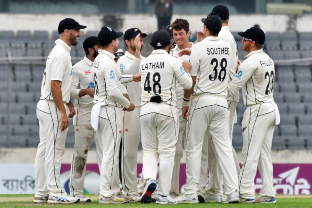 New Zealand celebrate the dismissal of Bangladesh’s Najmul Hossain Shanto