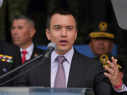 Ecuador President Daniel Noboa speaks during a ceremony to deliver equipment to police, at