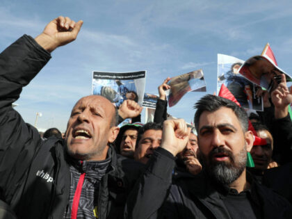 Protesters shout slogans during a demonstration outside the United Nations …
