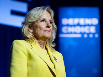 US First Lady Jill Biden speaks during a campaign rally to Restore Roe at Hylton Performin