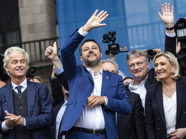 Matteo Salvini, Italy's deputy prime minister, center, waves while on stage with Geert Wil
