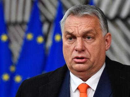Viktor Orban, Hungary's prime minister, speaks to journalists as he arrives at a European