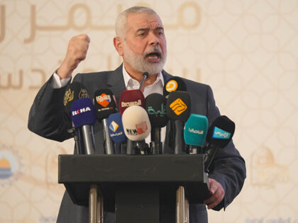 Hamas political chief Ismail Haniyeh makes a speech during the 12th conference on Jerusale