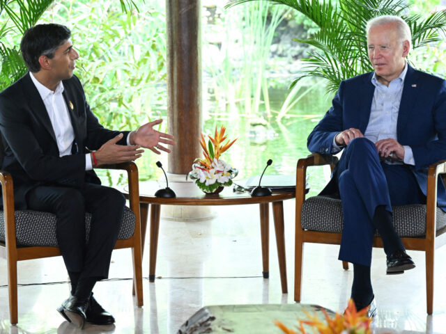 TOPSHOT - US President Joe Biden (R) and British Prime Minister Rishi Sunak hold a meeting